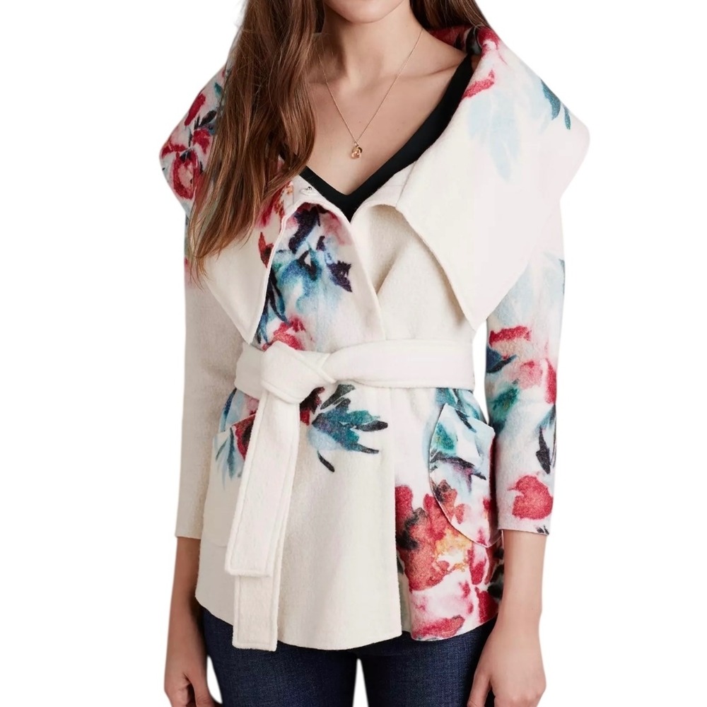 Anthropology Sleeping On Snow Floral Shawl Collar Wrap Belted Jacket Cream Sz L‎